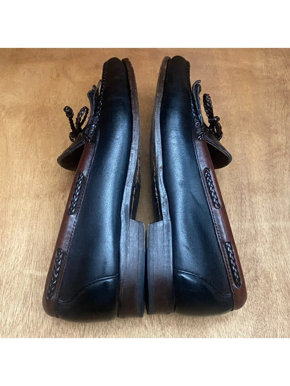 Vintage Woodstock Leather Kiltie Loafers Mens 10.5 D Black Brown Moccasin Shoes